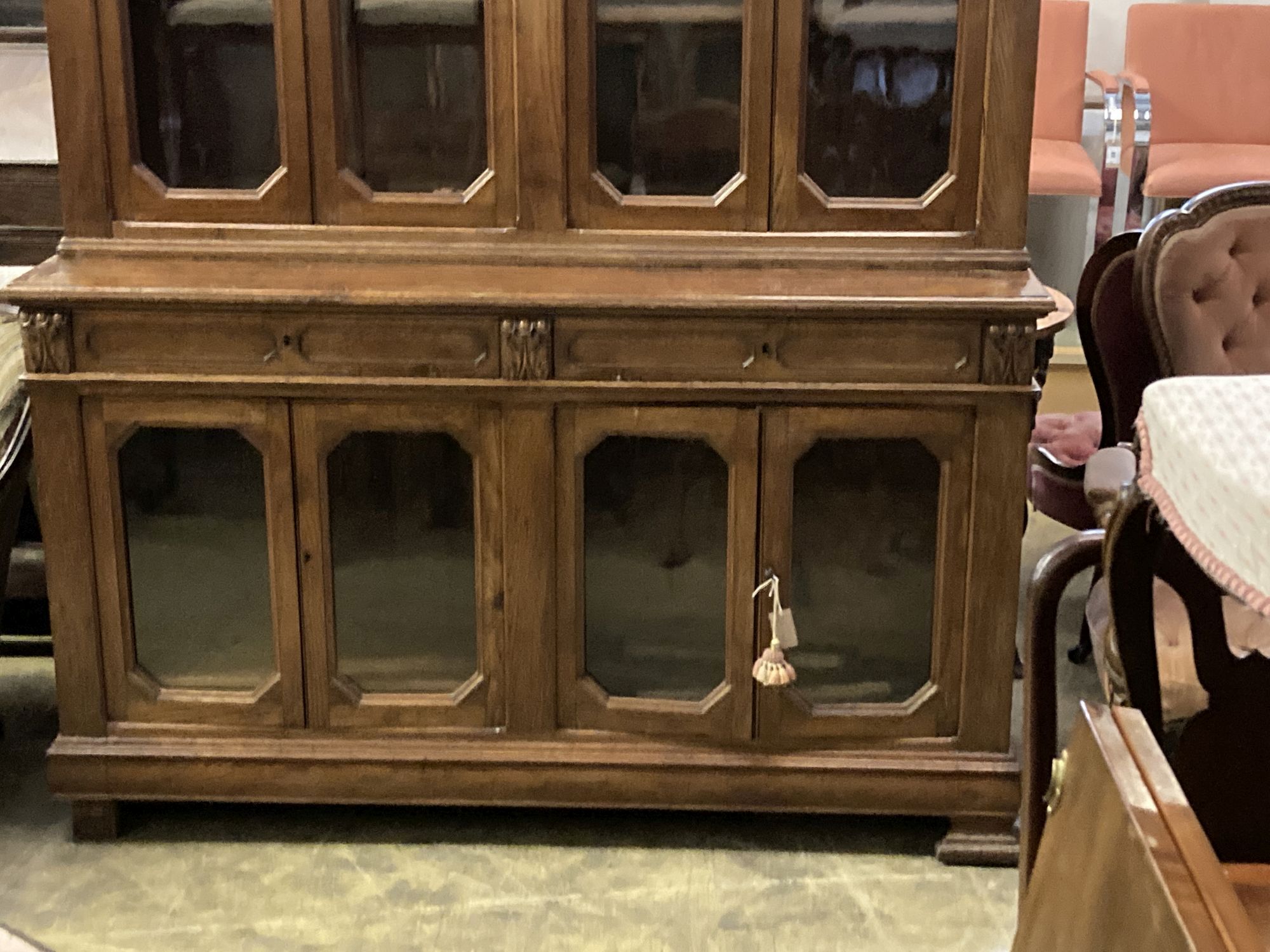 A Victorian oak library bookcase, length 160cm, depth 54cm, height 280cm